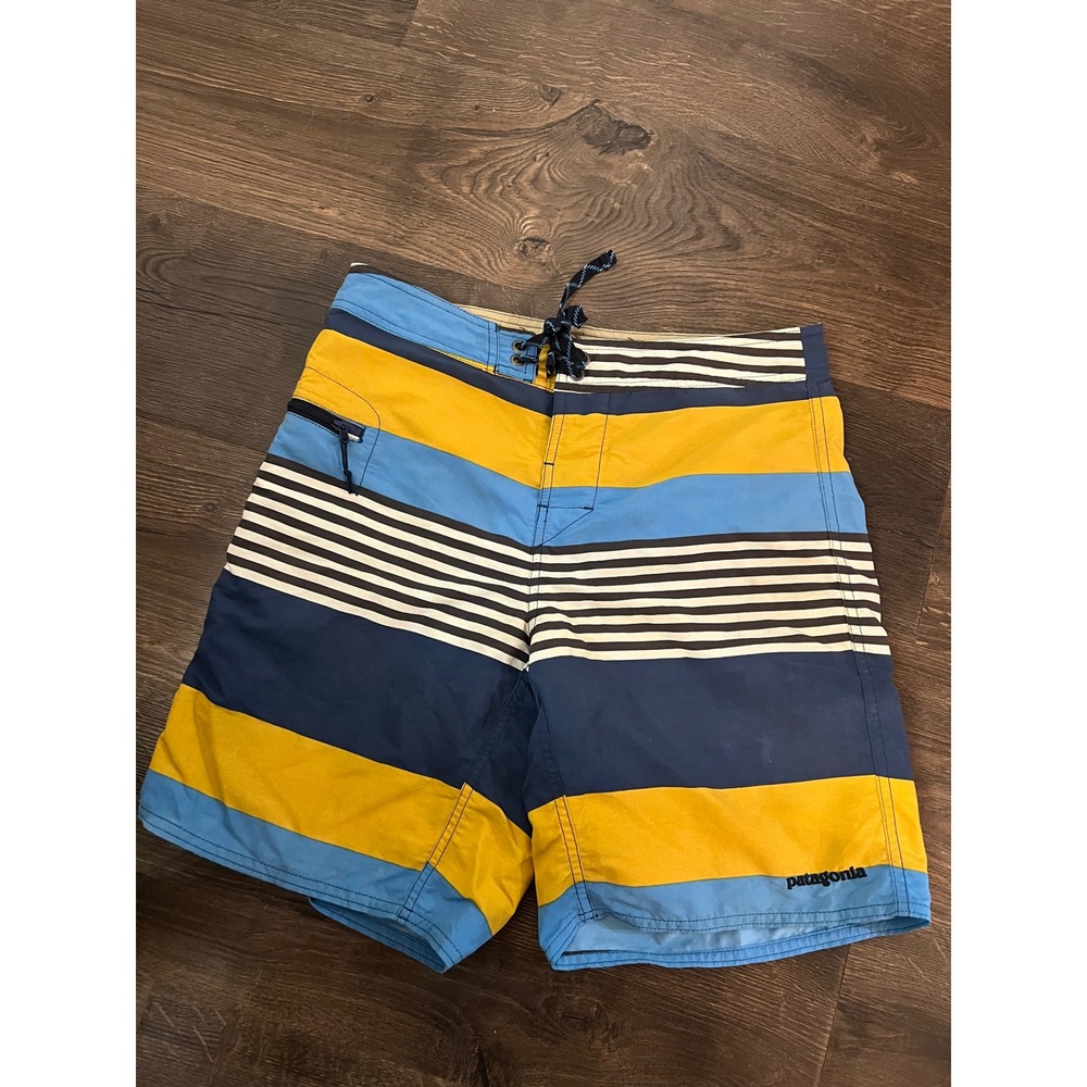 Patagonia Mens Striped Board Shorts Blue Yellow Swim Trunks Size 30